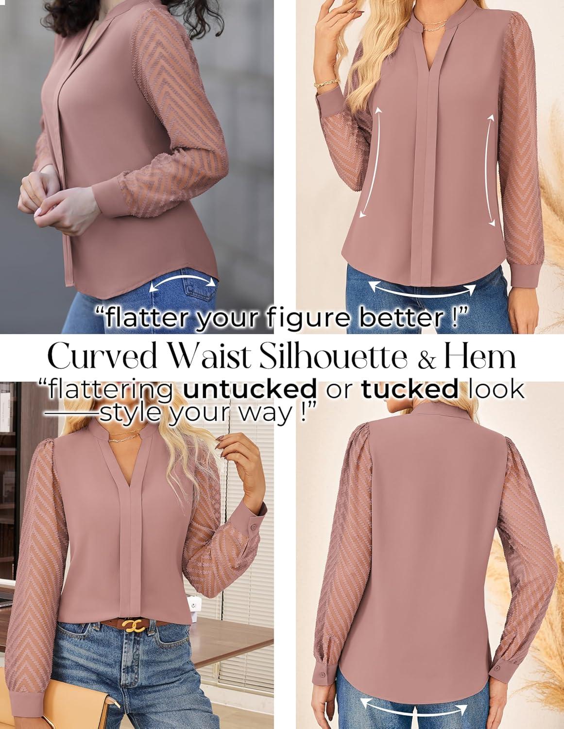 imageGRACE KARIN Women Business Casual Tops Sheer Lace Long Sleeve Blouses Work Office Pleated V Neck Shirt Fall Formal OutfitsDusty Pink