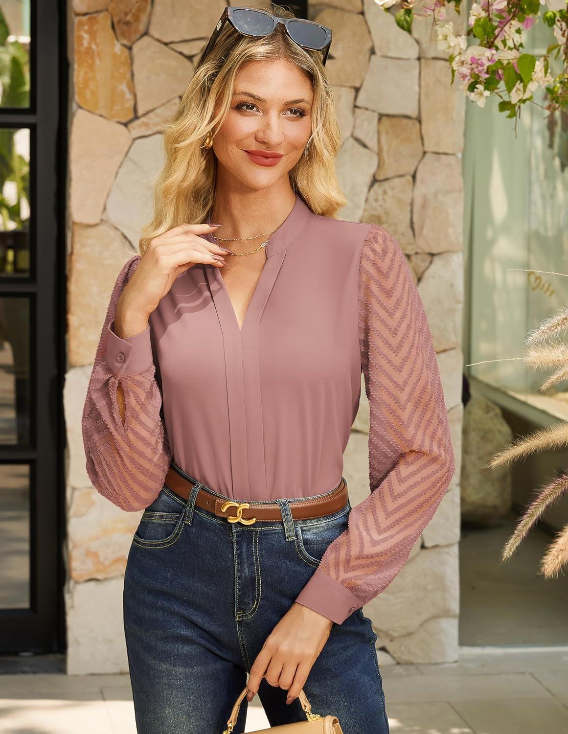 imageGRACE KARIN Women Business Casual Tops Sheer Lace Long Sleeve Blouses Work Office Pleated V Neck Shirt Fall Formal OutfitsDusty Pink