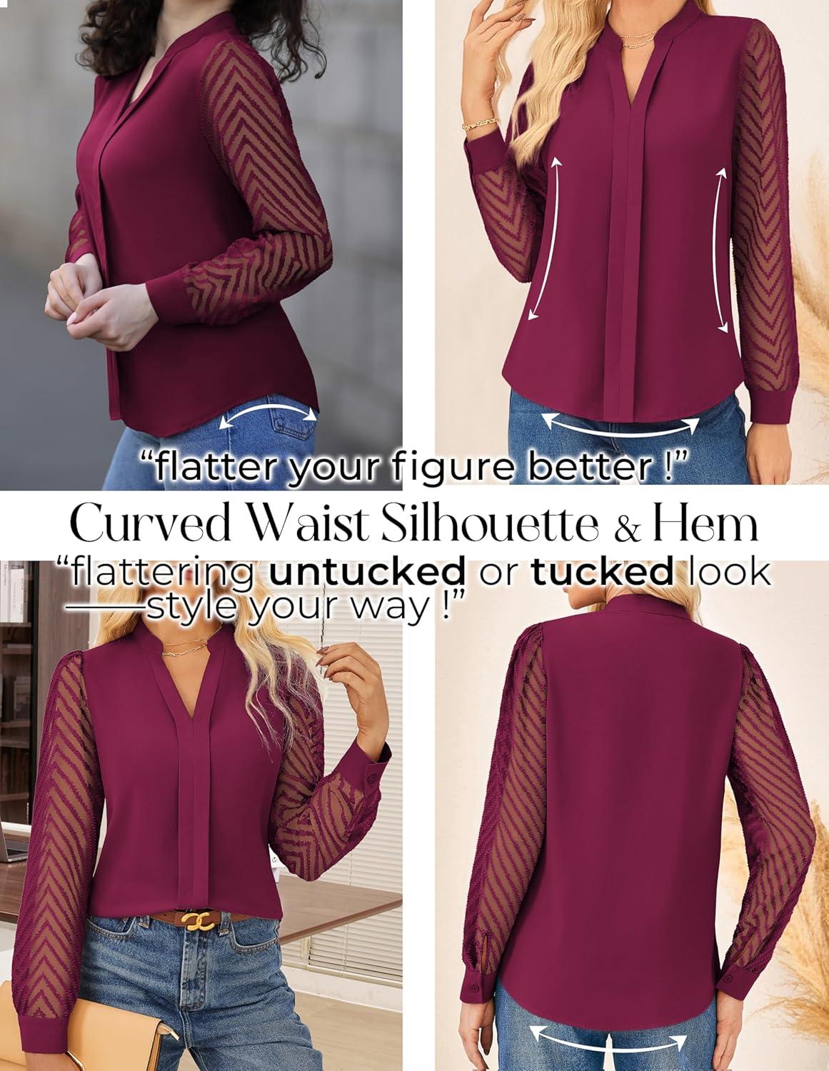 imageGRACE KARIN Women Business Casual Tops Sheer Lace Long Sleeve Blouses Work Office Pleated V Neck Shirt Fall Formal OutfitsFuchsia