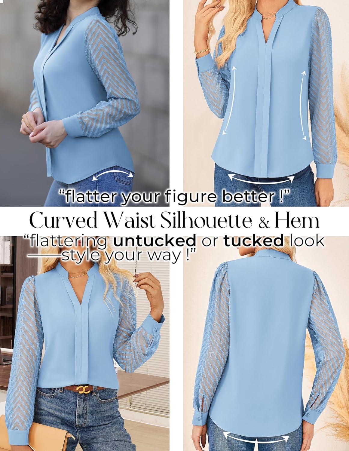 imageGRACE KARIN Women Business Casual Tops Sheer Lace Long Sleeve Blouses Work Office Pleated V Neck Shirt Fall Formal OutfitsLight Blue