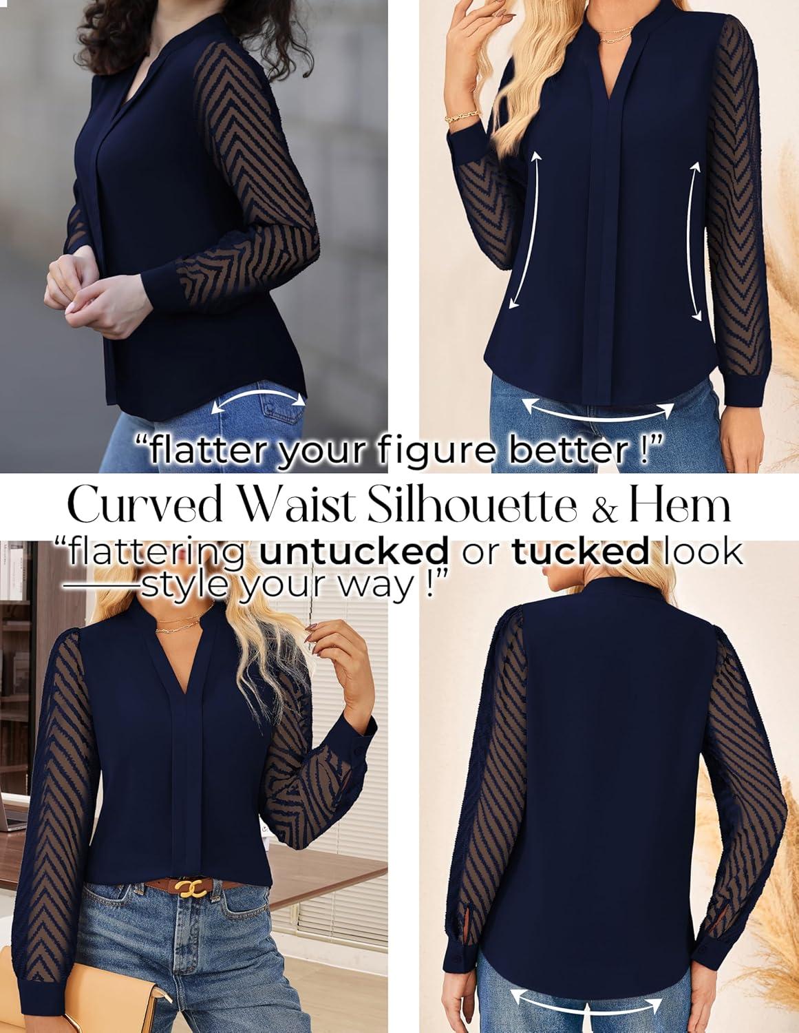 imageGRACE KARIN Women Business Casual Tops Sheer Lace Long Sleeve Blouses Work Office Pleated V Neck Shirt Fall Formal OutfitsNavy Blue