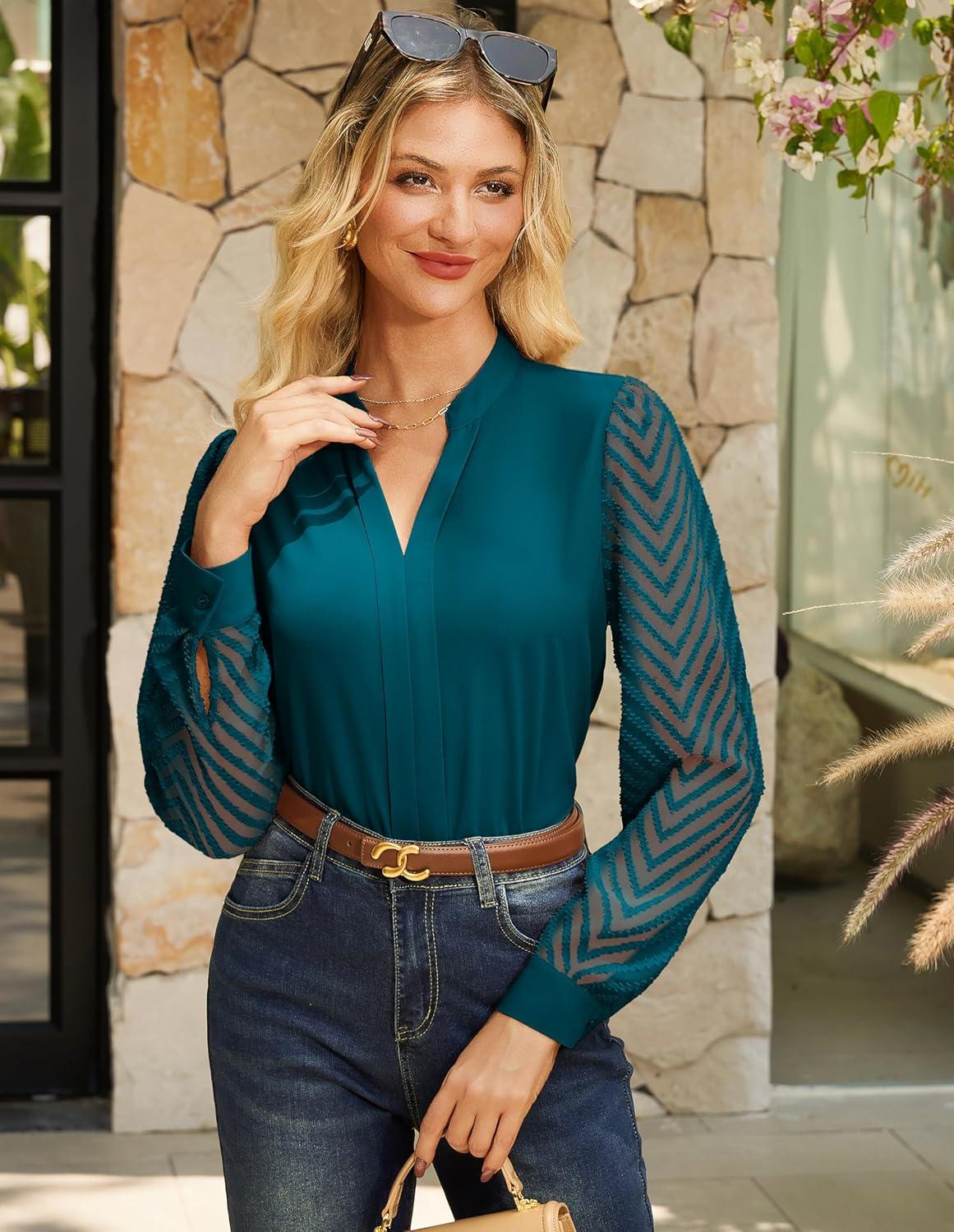imageGRACE KARIN Women Business Casual Tops Sheer Lace Long Sleeve Blouses Work Office Pleated V Neck Shirt Fall Formal OutfitsPeacock Blue