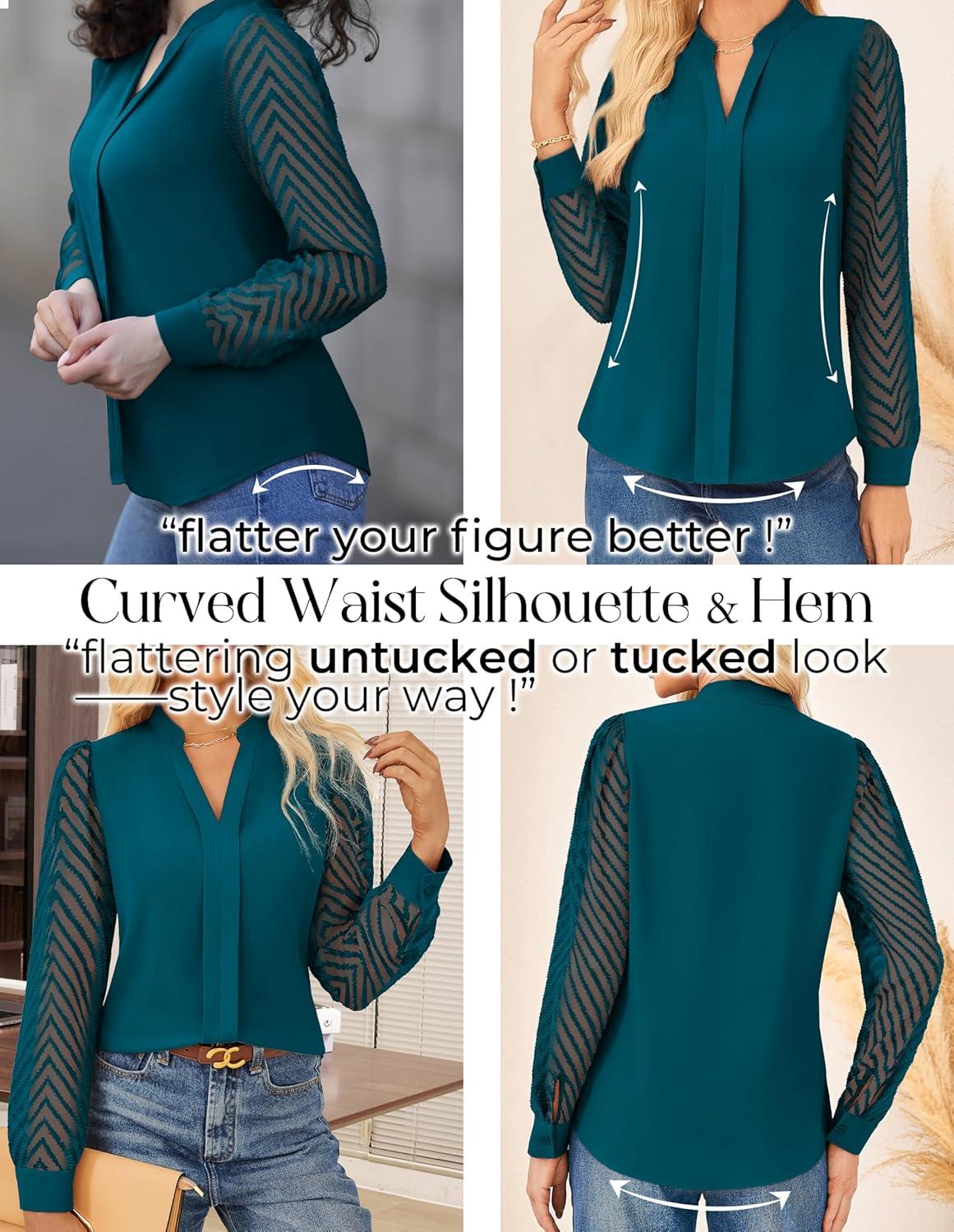 imageGRACE KARIN Women Business Casual Tops Sheer Lace Long Sleeve Blouses Work Office Pleated V Neck Shirt Fall Formal OutfitsPeacock Blue