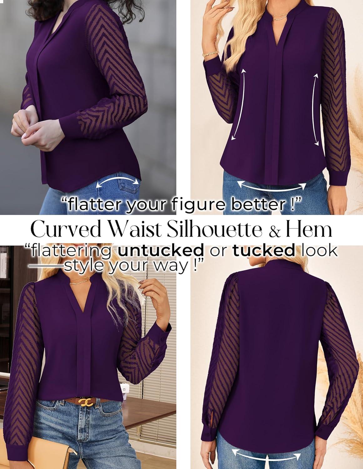 imageGRACE KARIN Women Business Casual Tops Sheer Lace Long Sleeve Blouses Work Office Pleated V Neck Shirt Fall Formal OutfitsPurple