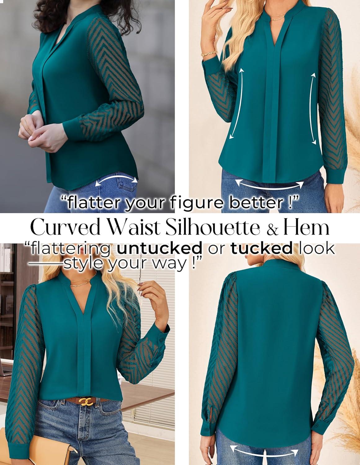 imageGRACE KARIN Women Business Casual Tops Sheer Lace Long Sleeve Blouses Work Office Pleated V Neck Shirt Fall Formal OutfitsTurquoise