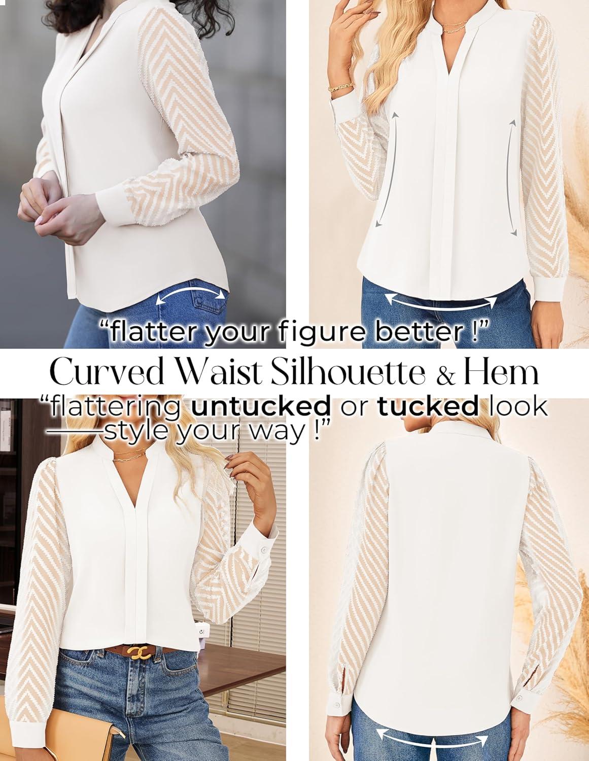 imageGRACE KARIN Women Business Casual Tops Sheer Lace Long Sleeve Blouses Work Office Pleated V Neck Shirt Fall Formal OutfitsWhite