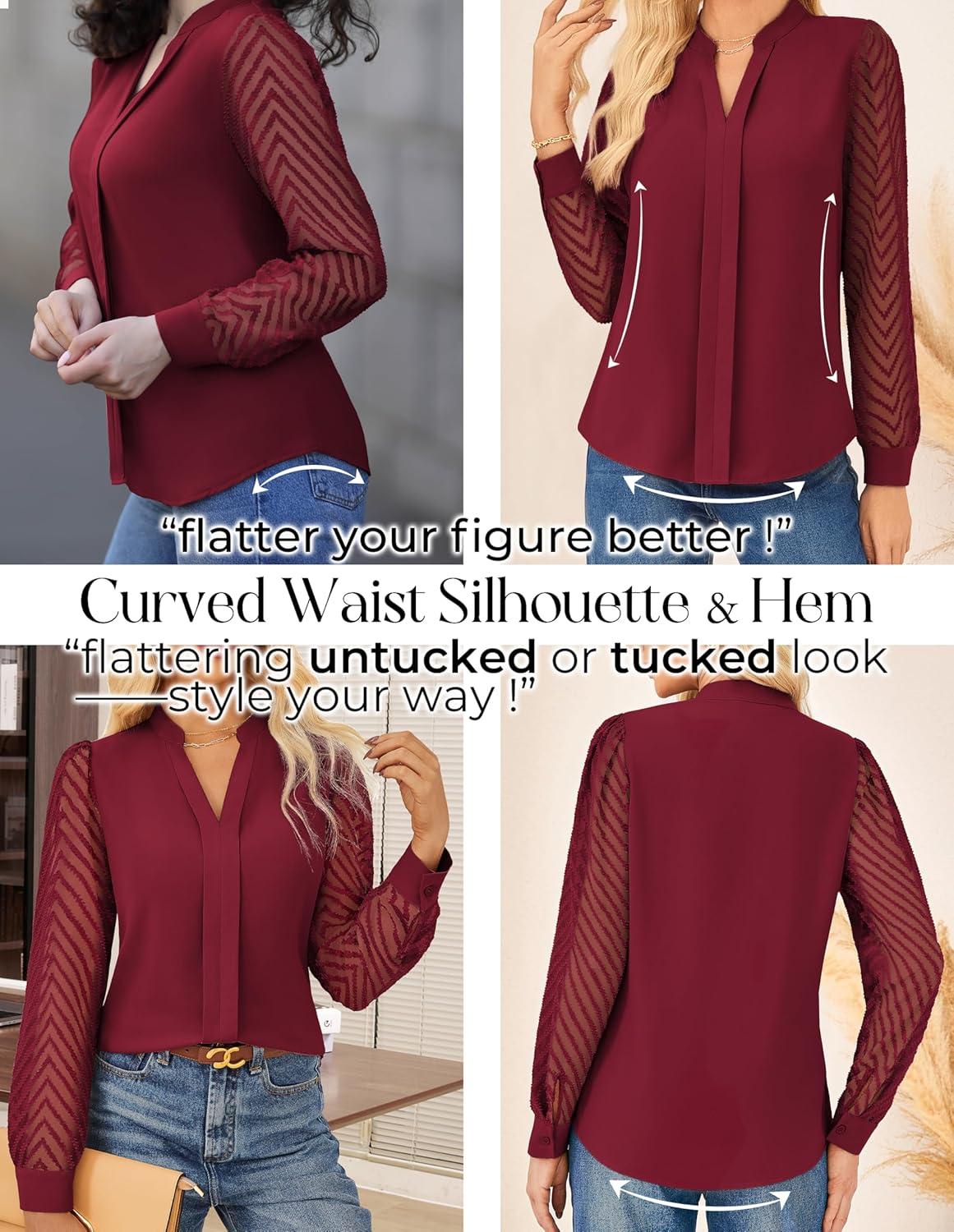 imageGRACE KARIN Women Business Casual Tops Sheer Lace Long Sleeve Blouses Work Office Pleated V Neck Shirt Fall Formal OutfitsWine Red