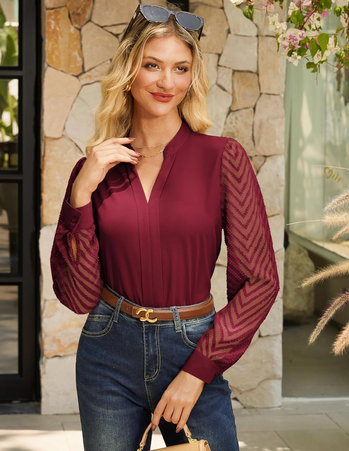 imageGRACE KARIN Women Business Casual Tops Sheer Lace Long Sleeve Blouses Work Office Pleated V Neck Shirt Fall Formal OutfitsWine Red