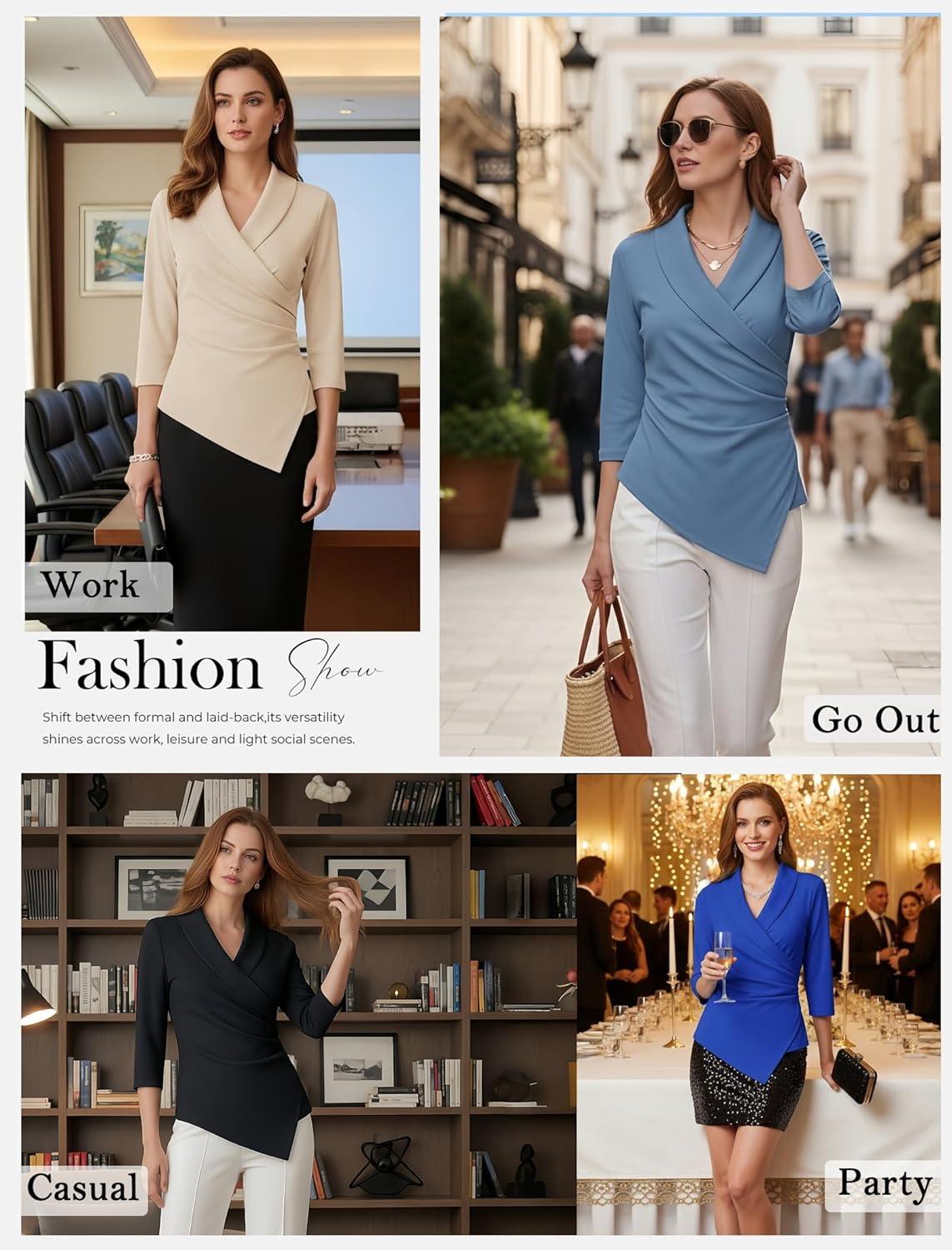 imageGRACE KARIN Women Dressy Wrap Work TopsV Neck Business Casual Blouses 34 Sleeve Ruched Elegant ShirtsBlack