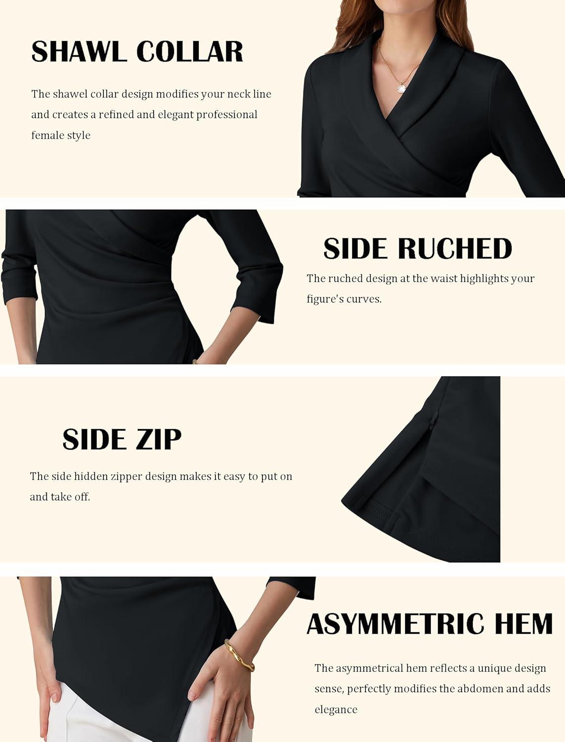 imageGRACE KARIN Women Dressy Wrap Work TopsV Neck Business Casual Blouses 34 Sleeve Ruched Elegant ShirtsBlack