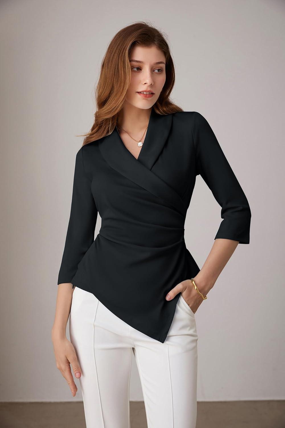 imageGRACE KARIN Women Dressy Wrap Work TopsV Neck Business Casual Blouses 34 Sleeve Ruched Elegant ShirtsBlack