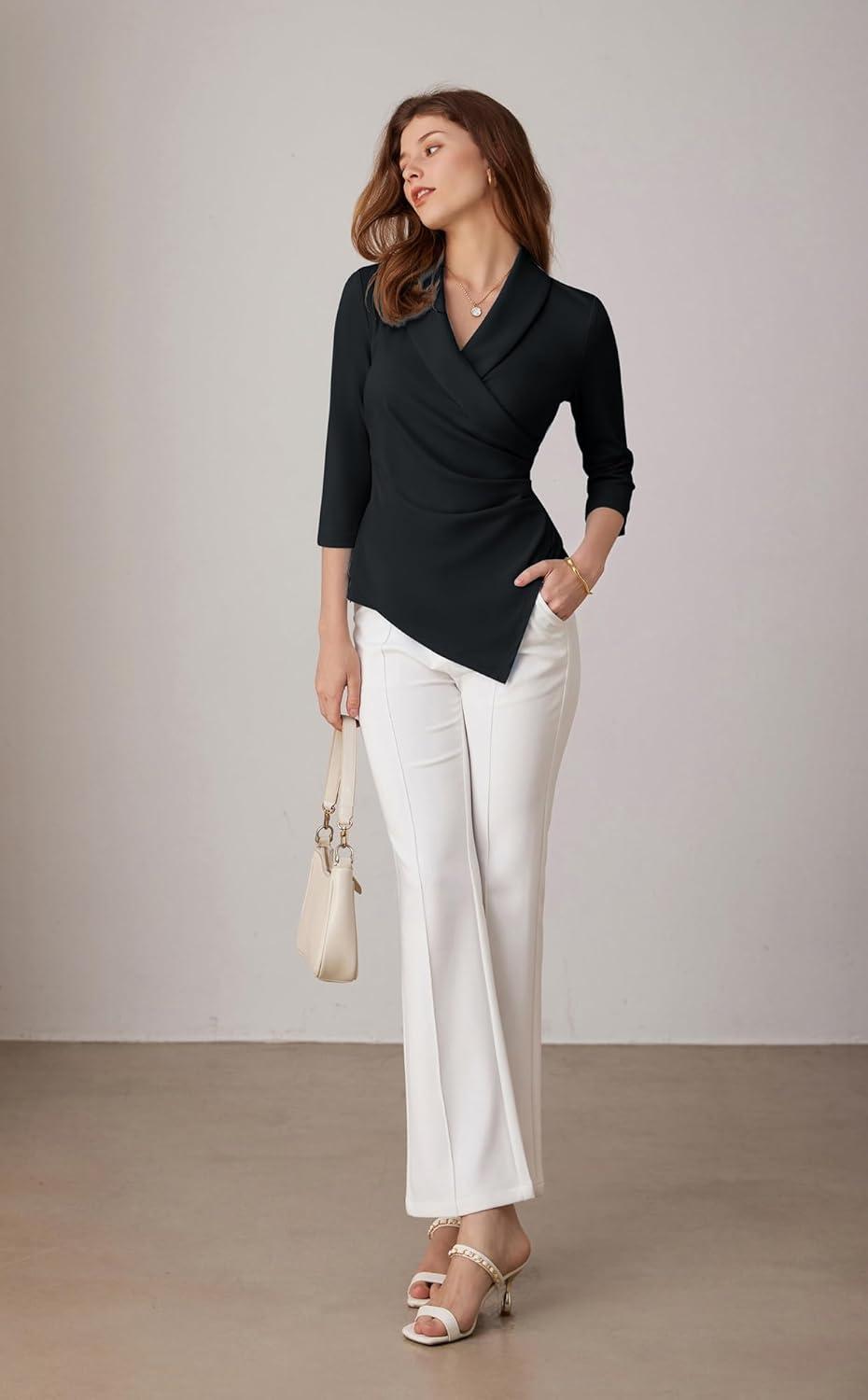 imageGRACE KARIN Women Dressy Wrap Work TopsV Neck Business Casual Blouses 34 Sleeve Ruched Elegant ShirtsBlack