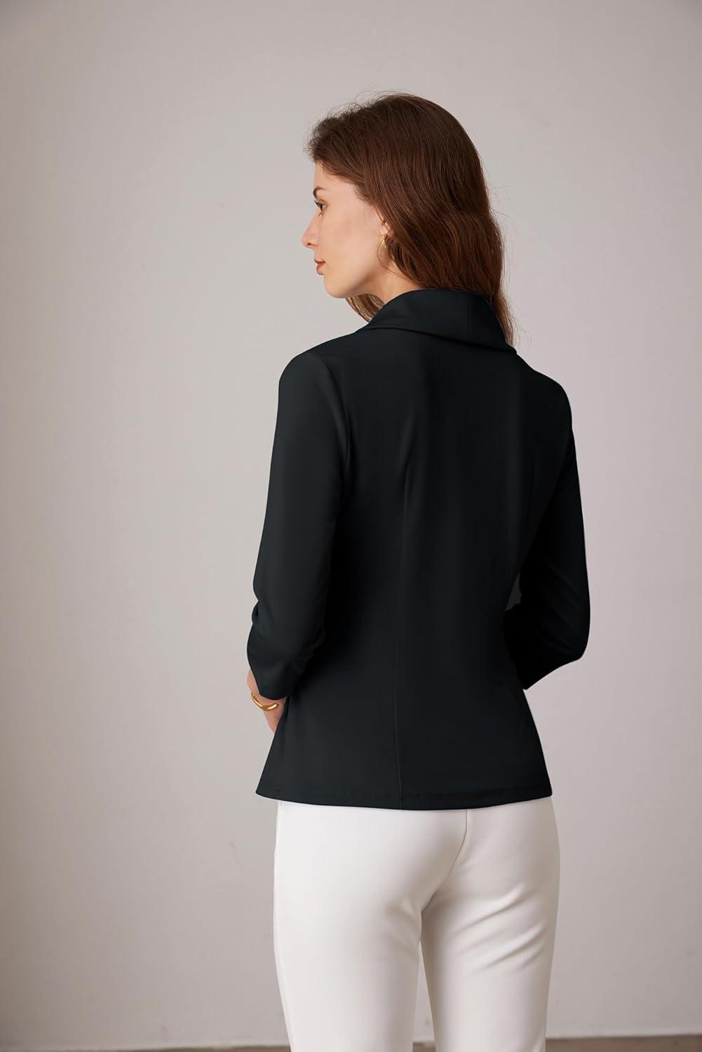 imageGRACE KARIN Women Dressy Wrap Work TopsV Neck Business Casual Blouses 34 Sleeve Ruched Elegant ShirtsBlack