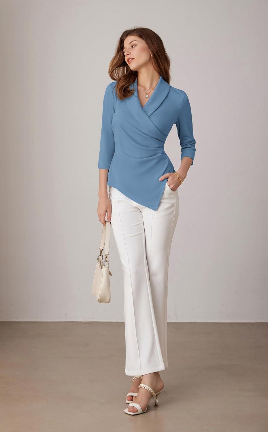 imageGRACE KARIN Women Dressy Wrap Work TopsV Neck Business Casual Blouses 34 Sleeve Ruched Elegant ShirtsGrey Blue