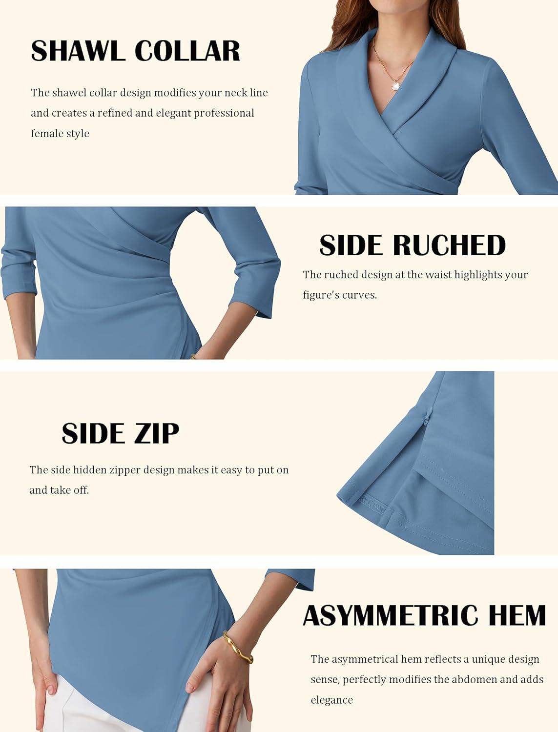 imageGRACE KARIN Women Dressy Wrap Work TopsV Neck Business Casual Blouses 34 Sleeve Ruched Elegant ShirtsGrey Blue