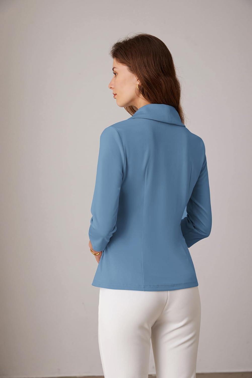 imageGRACE KARIN Women Dressy Wrap Work TopsV Neck Business Casual Blouses 34 Sleeve Ruched Elegant ShirtsGrey Blue