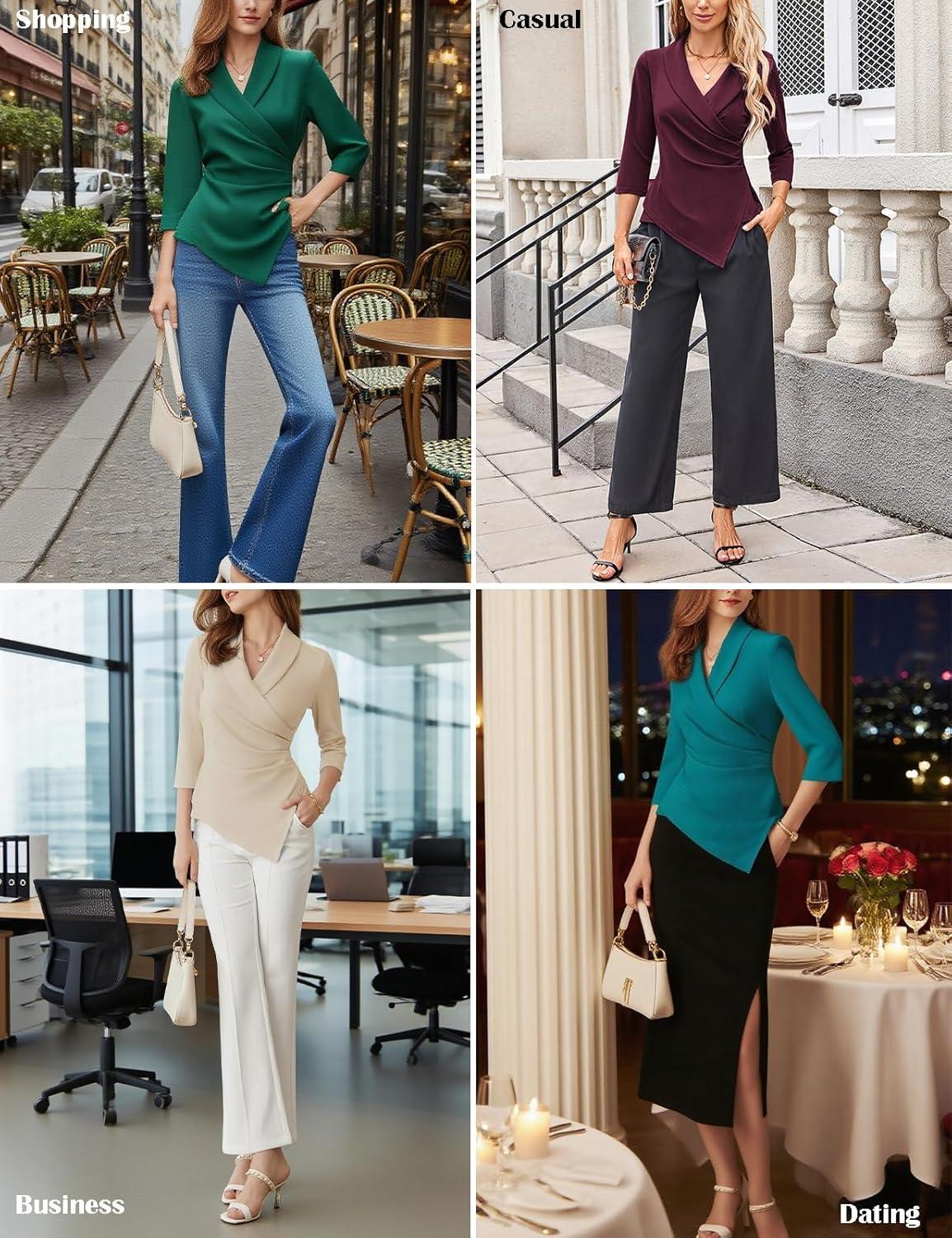 imageGRACE KARIN Women Dressy Wrap Work TopsV Neck Business Casual Blouses 34 Sleeve Ruched Elegant ShirtsNavy Blue