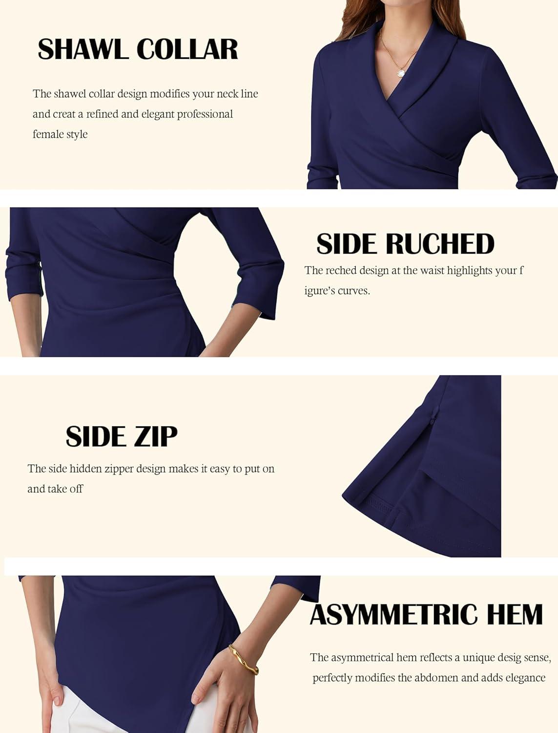 imageGRACE KARIN Women Dressy Wrap Work TopsV Neck Business Casual Blouses 34 Sleeve Ruched Elegant ShirtsNavy Blue
