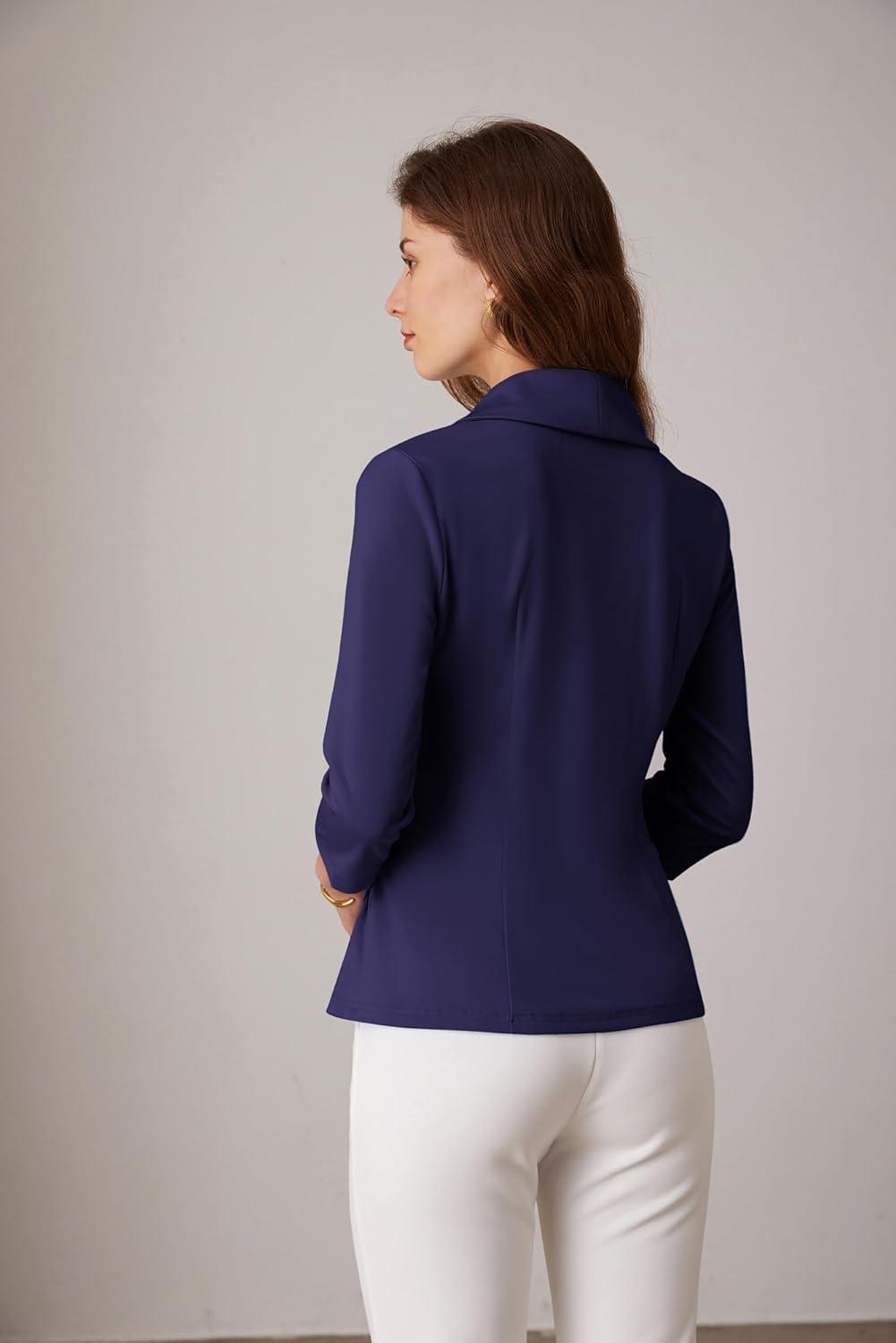 imageGRACE KARIN Women Dressy Wrap Work TopsV Neck Business Casual Blouses 34 Sleeve Ruched Elegant ShirtsNavy Blue