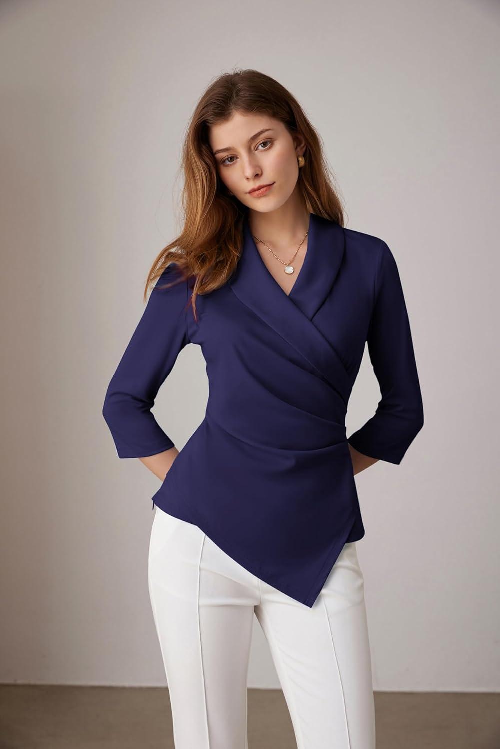 imageGRACE KARIN Women Dressy Wrap Work TopsV Neck Business Casual Blouses 34 Sleeve Ruched Elegant ShirtsNavy Blue