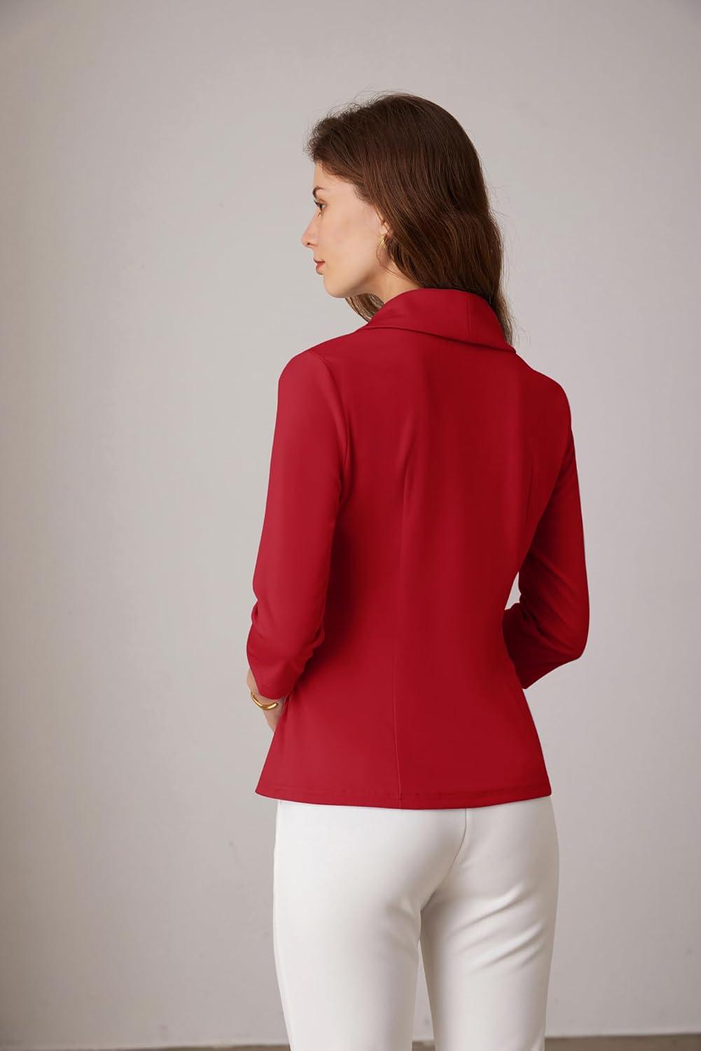 imageGRACE KARIN Women Dressy Wrap Work TopsV Neck Business Casual Blouses 34 Sleeve Ruched Elegant ShirtsRed
