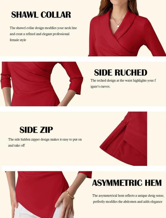 imageGRACE KARIN Women Dressy Wrap Work TopsV Neck Business Casual Blouses 34 Sleeve Ruched Elegant ShirtsRed