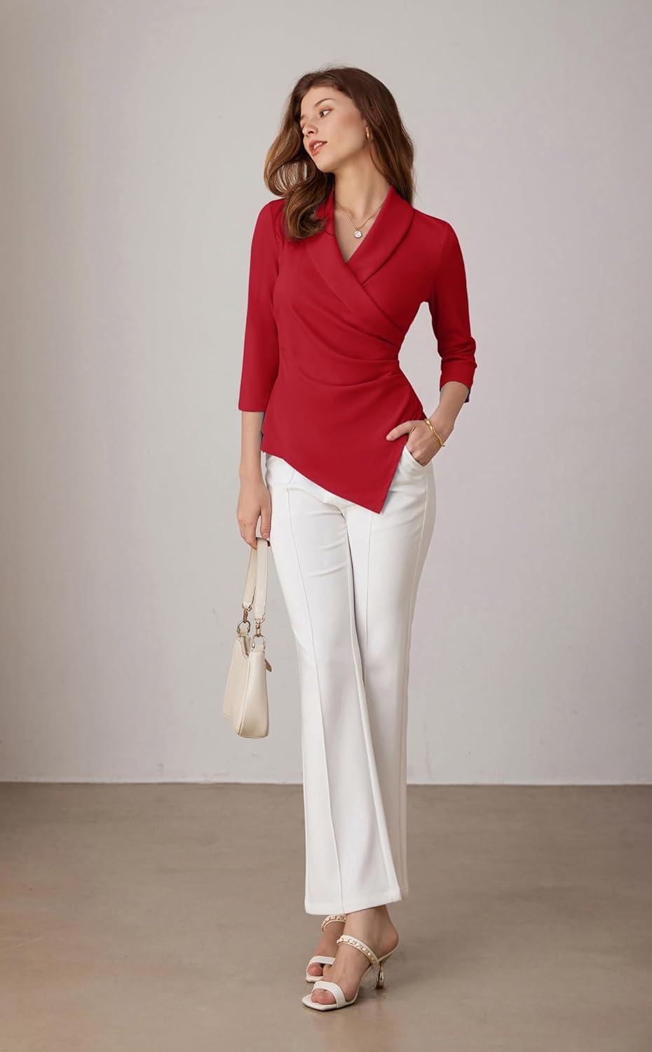 imageGRACE KARIN Women Dressy Wrap Work TopsV Neck Business Casual Blouses 34 Sleeve Ruched Elegant ShirtsRed
