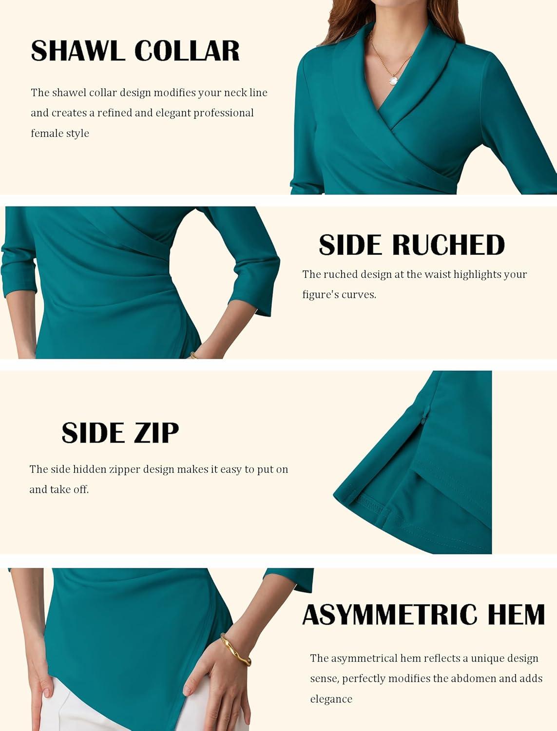 imageGRACE KARIN Women Dressy Wrap Work TopsV Neck Business Casual Blouses 34 Sleeve Ruched Elegant ShirtsTeal