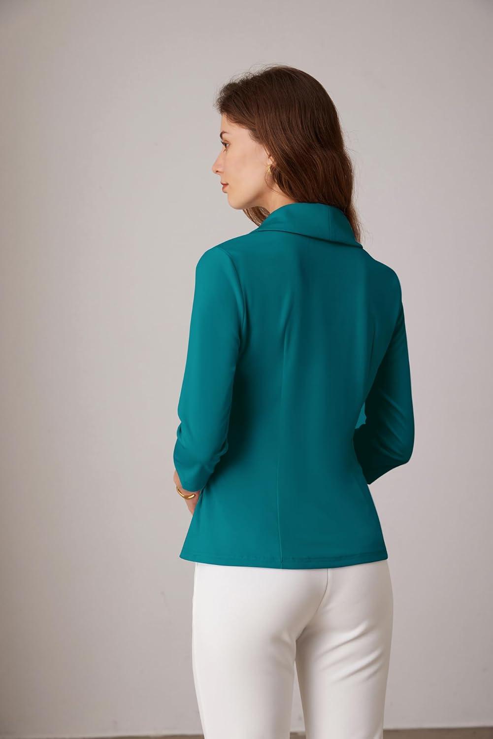 imageGRACE KARIN Women Dressy Wrap Work TopsV Neck Business Casual Blouses 34 Sleeve Ruched Elegant ShirtsTeal