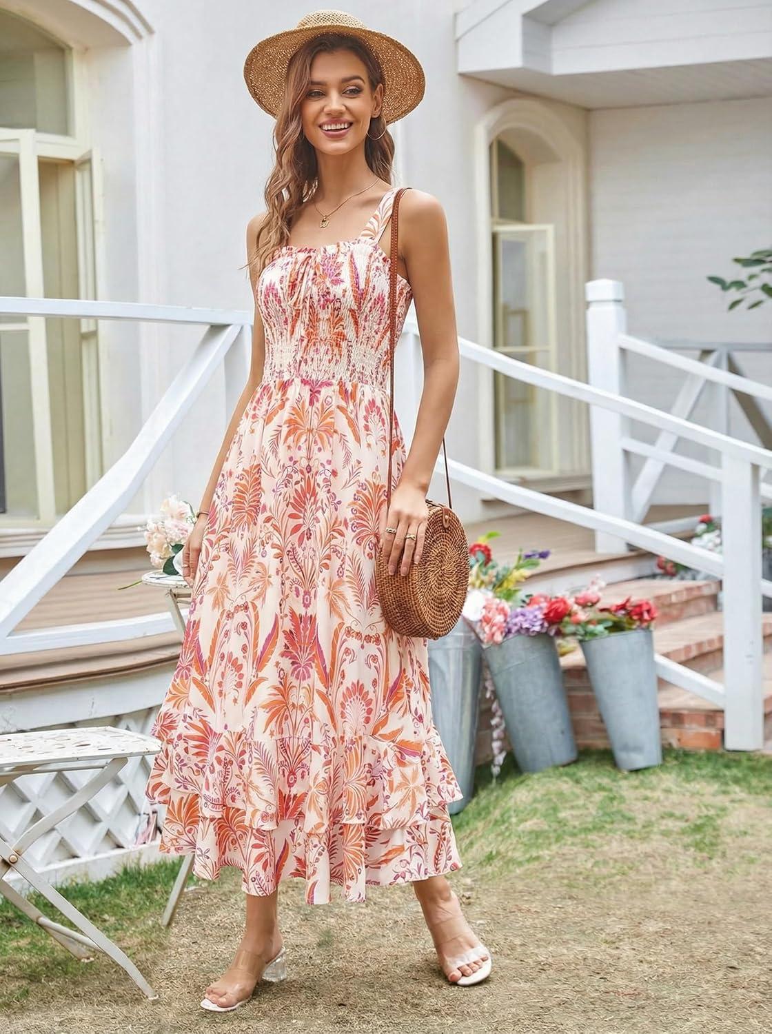 imageGRACE KARIN Womens 2025 Summer Floral Boho Dress Square Neck Strapped Swing A Line Sundress Beach Long Maxi OutfitsBeige Floral
