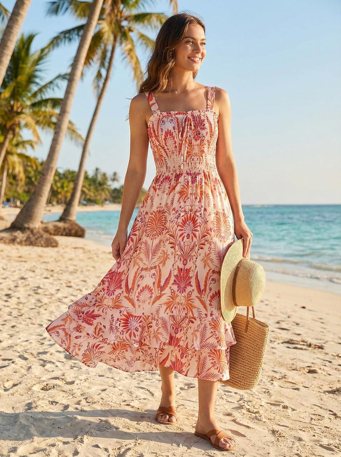 imageGRACE KARIN Womens 2025 Summer Floral Boho Dress Square Neck Strapped Swing A Line Sundress Beach Long Maxi OutfitsBeige Floral