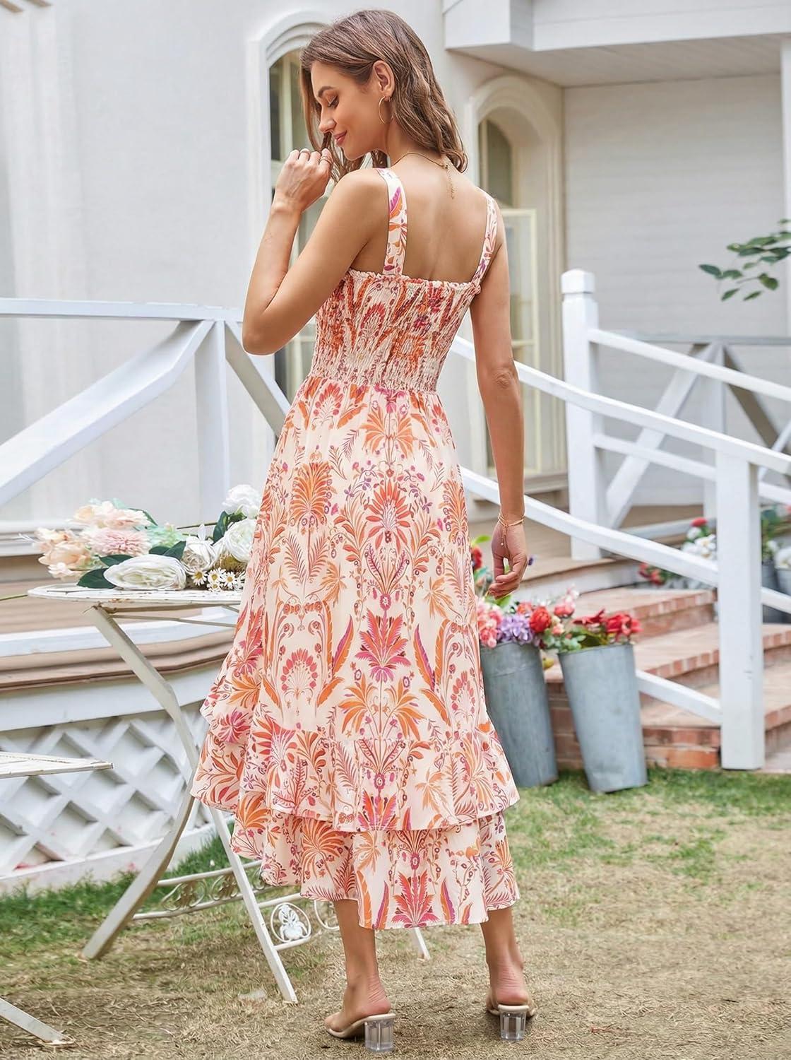 imageGRACE KARIN Womens 2025 Summer Floral Boho Dress Square Neck Strapped Swing A Line Sundress Beach Long Maxi OutfitsBeige Floral