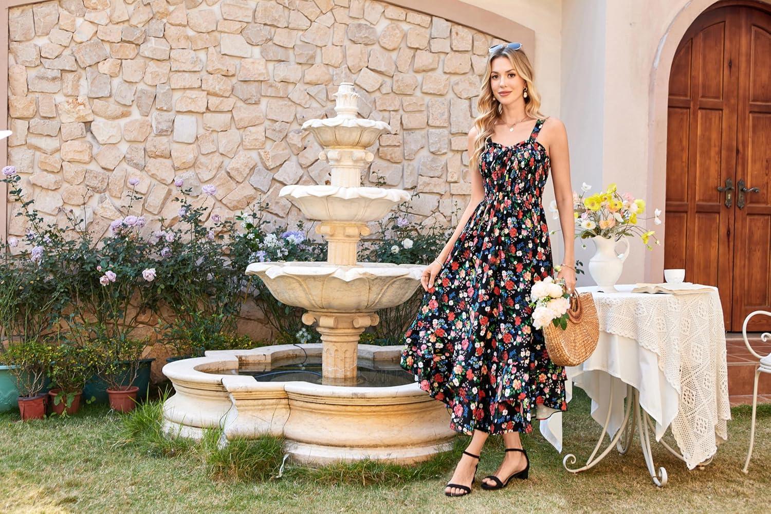 imageGRACE KARIN Womens 2025 Summer Floral Boho Dress Square Neck Strapped Swing A Line Sundress Beach Long Maxi OutfitsBlack Floral
