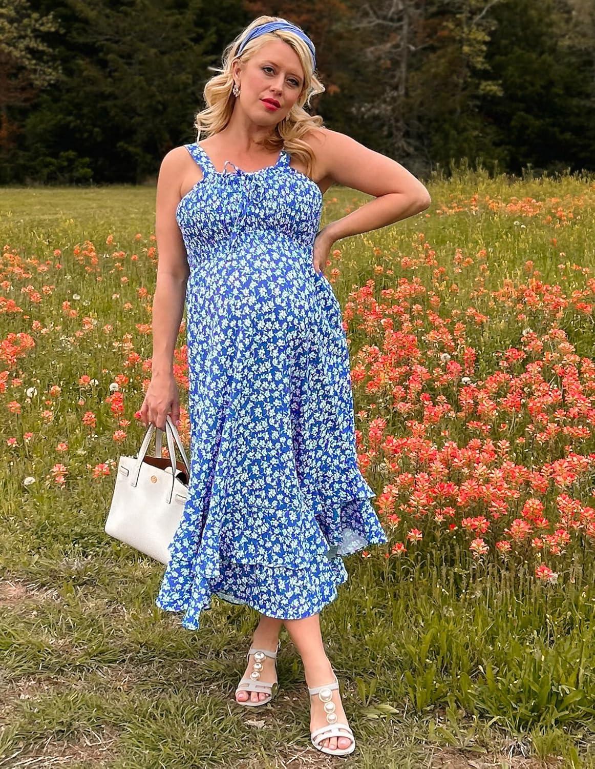 imageGRACE KARIN Womens 2025 Summer Floral Boho Dress Square Neck Strapped Swing A Line Sundress Beach Long Maxi OutfitsBlue
