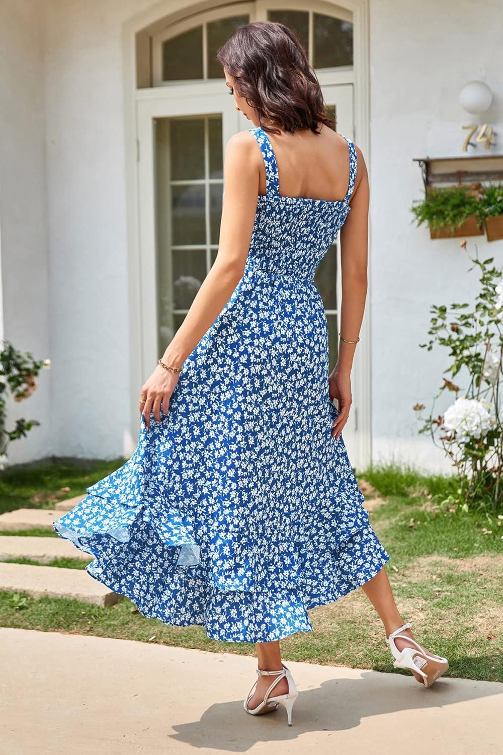 imageGRACE KARIN Womens 2025 Summer Floral Boho Dress Square Neck Strapped Swing A Line Sundress Beach Long Maxi OutfitsBlue