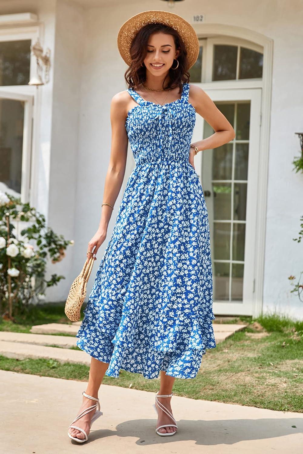 imageGRACE KARIN Womens 2025 Summer Floral Boho Dress Square Neck Strapped Swing A Line Sundress Beach Long Maxi OutfitsBlue