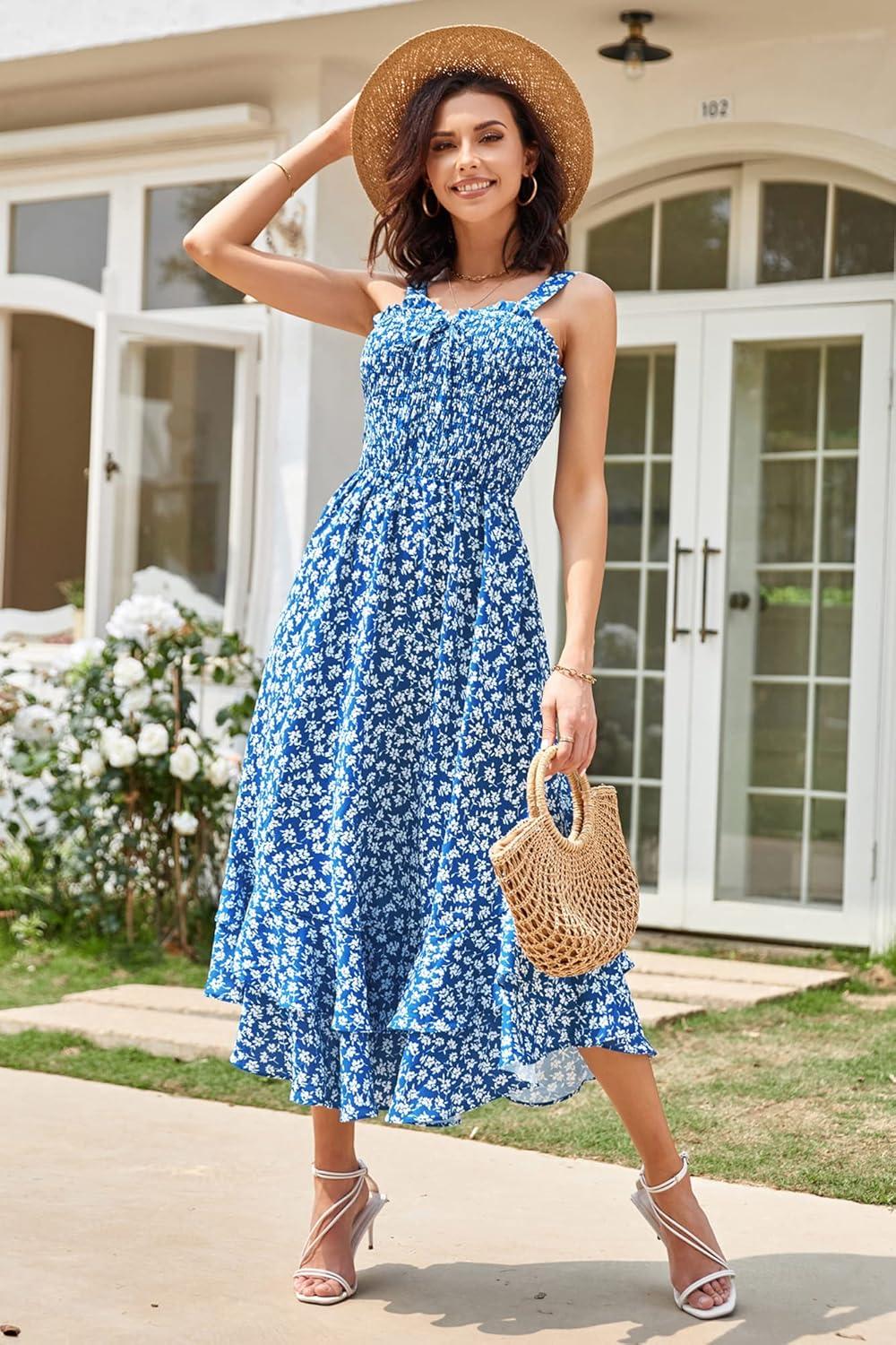 imageGRACE KARIN Womens 2025 Summer Floral Boho Dress Square Neck Strapped Swing A Line Sundress Beach Long Maxi OutfitsBlue