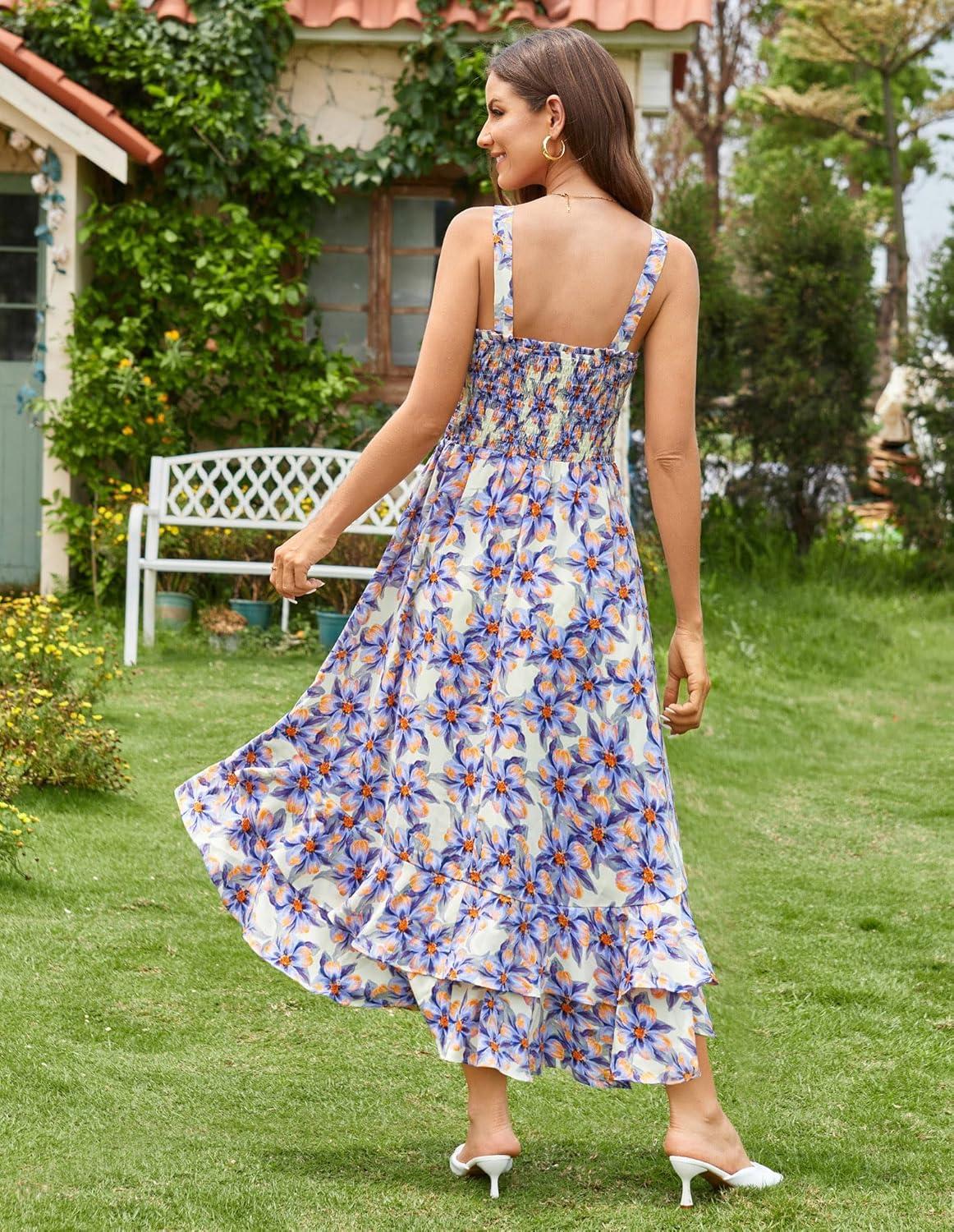 imageGRACE KARIN Womens 2025 Summer Floral Boho Dress Square Neck Strapped Swing A Line Sundress Beach Long Maxi OutfitsBlue Floral