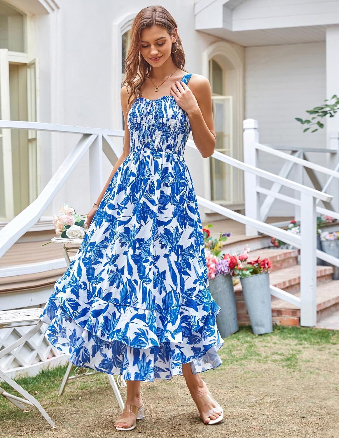 imageGRACE KARIN Womens 2025 Summer Floral Boho Dress Square Neck Strapped Swing A Line Sundress Beach Long Maxi OutfitsBlue White
