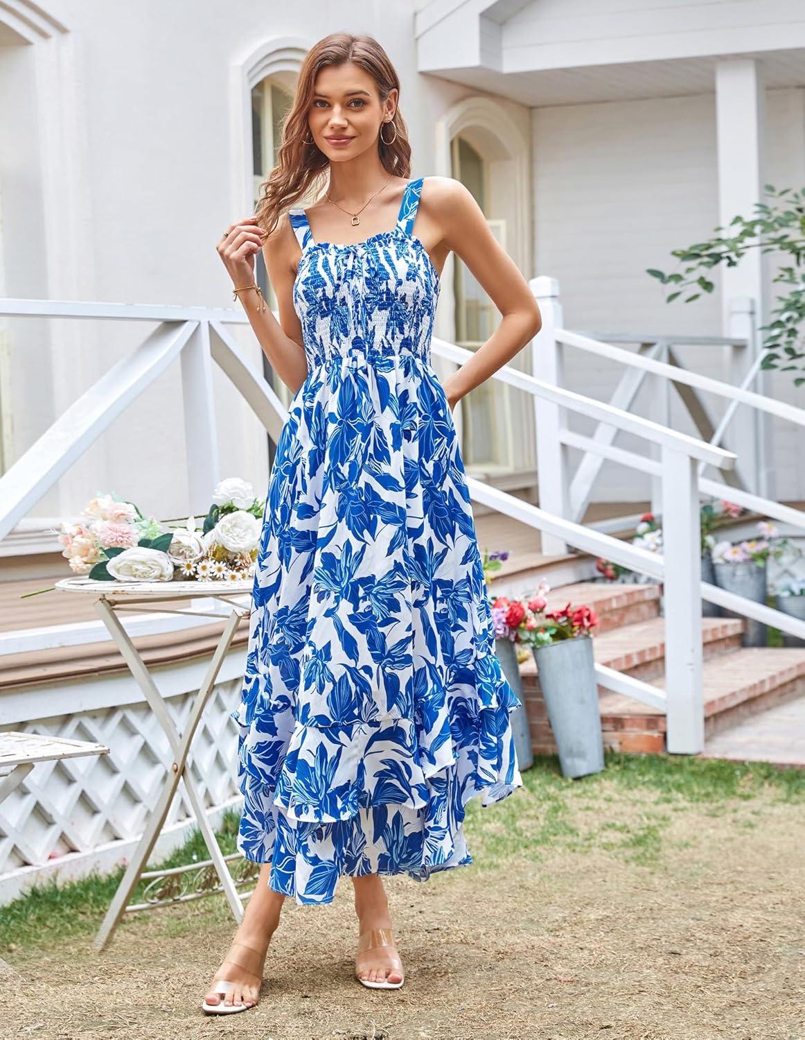 imageGRACE KARIN Womens 2025 Summer Floral Boho Dress Square Neck Strapped Swing A Line Sundress Beach Long Maxi OutfitsBlue White