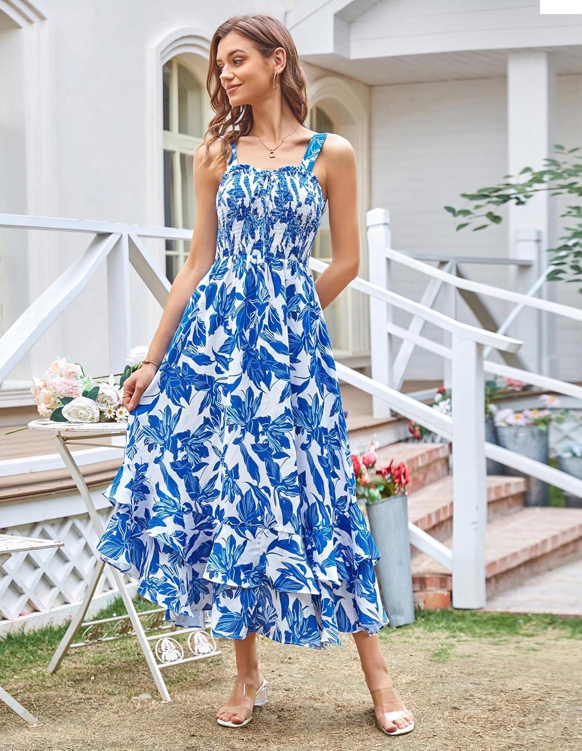 imageGRACE KARIN Womens 2025 Summer Floral Boho Dress Square Neck Strapped Swing A Line Sundress Beach Long Maxi OutfitsBlue White