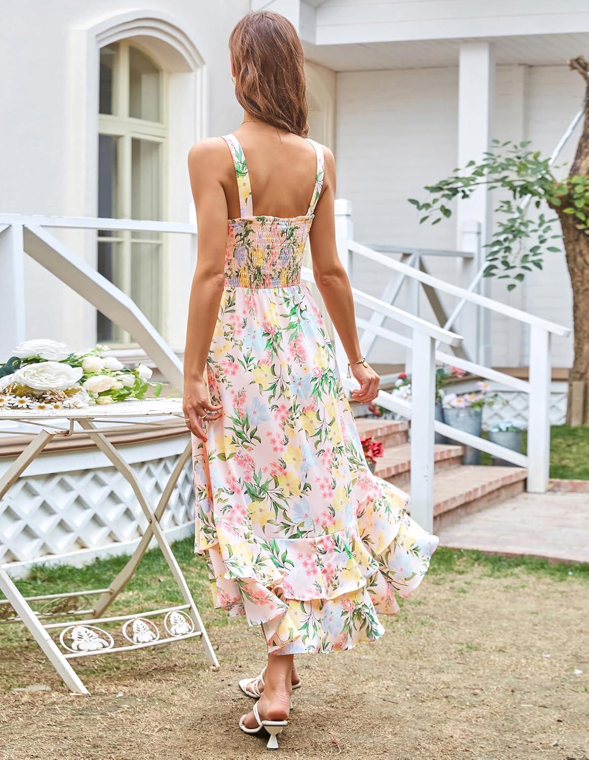 imageGRACE KARIN Womens 2025 Summer Floral Boho Dress Square Neck Strapped Swing A Line Sundress Beach Long Maxi OutfitsBlue Yellow