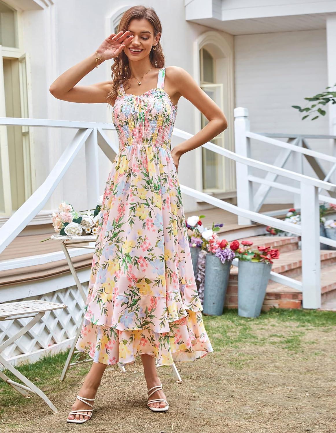 imageGRACE KARIN Womens 2025 Summer Floral Boho Dress Square Neck Strapped Swing A Line Sundress Beach Long Maxi OutfitsBlue Yellow