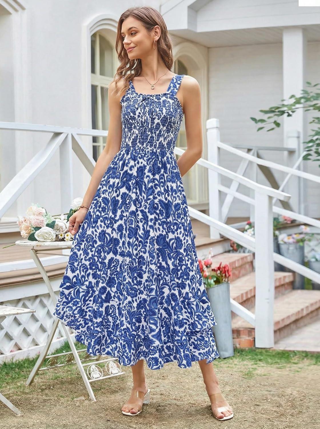 imageGRACE KARIN Womens 2025 Summer Floral Boho Dress Square Neck Strapped Swing A Line Sundress Beach Long Maxi OutfitsDark Blue