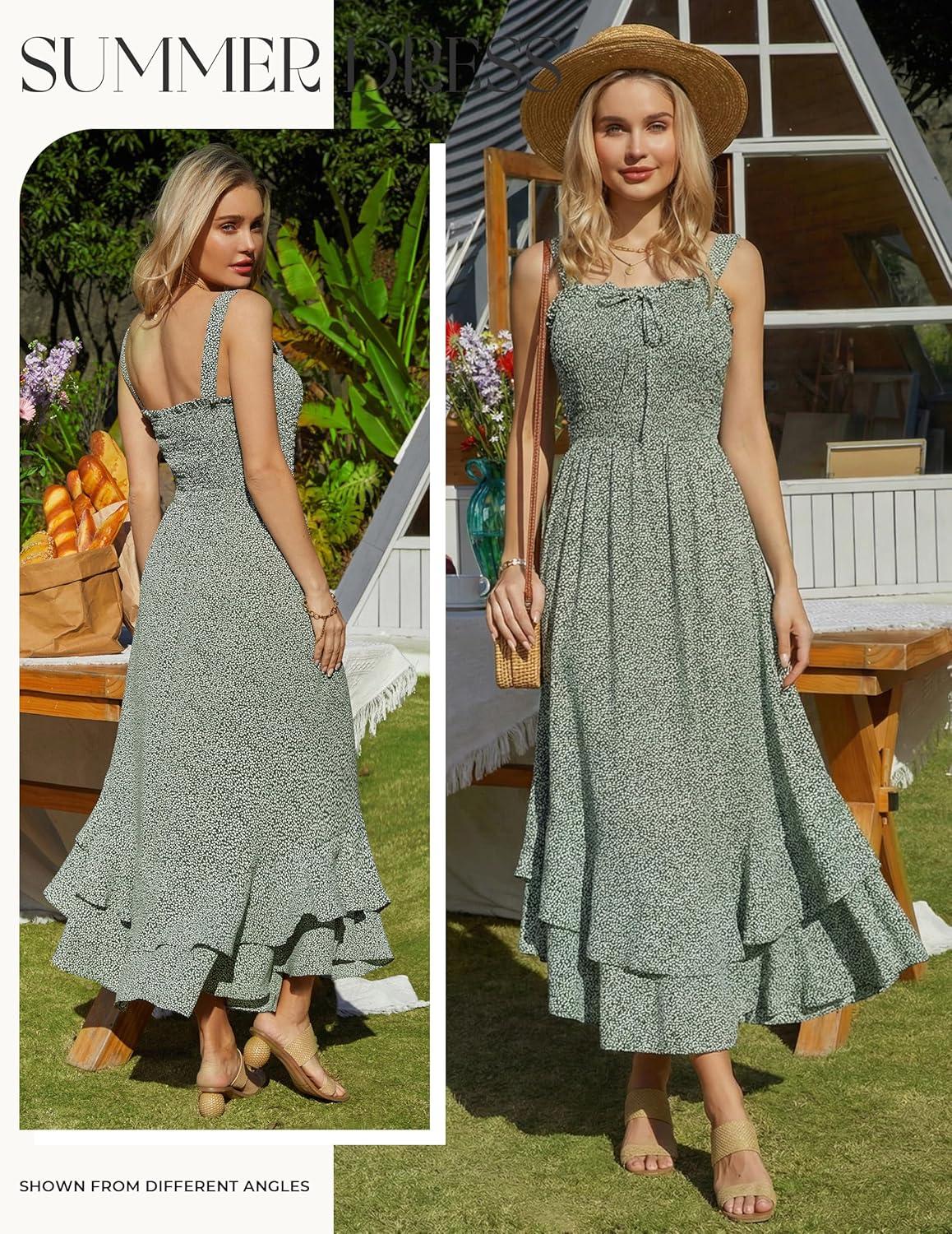 imageGRACE KARIN Womens 2025 Summer Floral Boho Dress Square Neck Strapped Swing A Line Sundress Beach Long Maxi OutfitsGreen