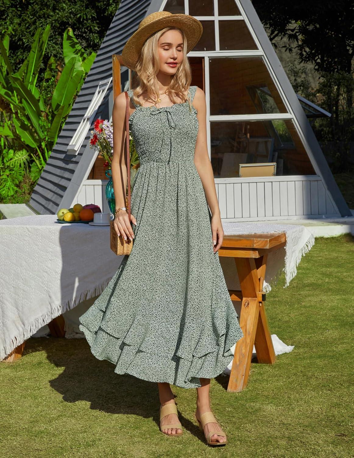 imageGRACE KARIN Womens 2025 Summer Floral Boho Dress Square Neck Strapped Swing A Line Sundress Beach Long Maxi OutfitsGreen