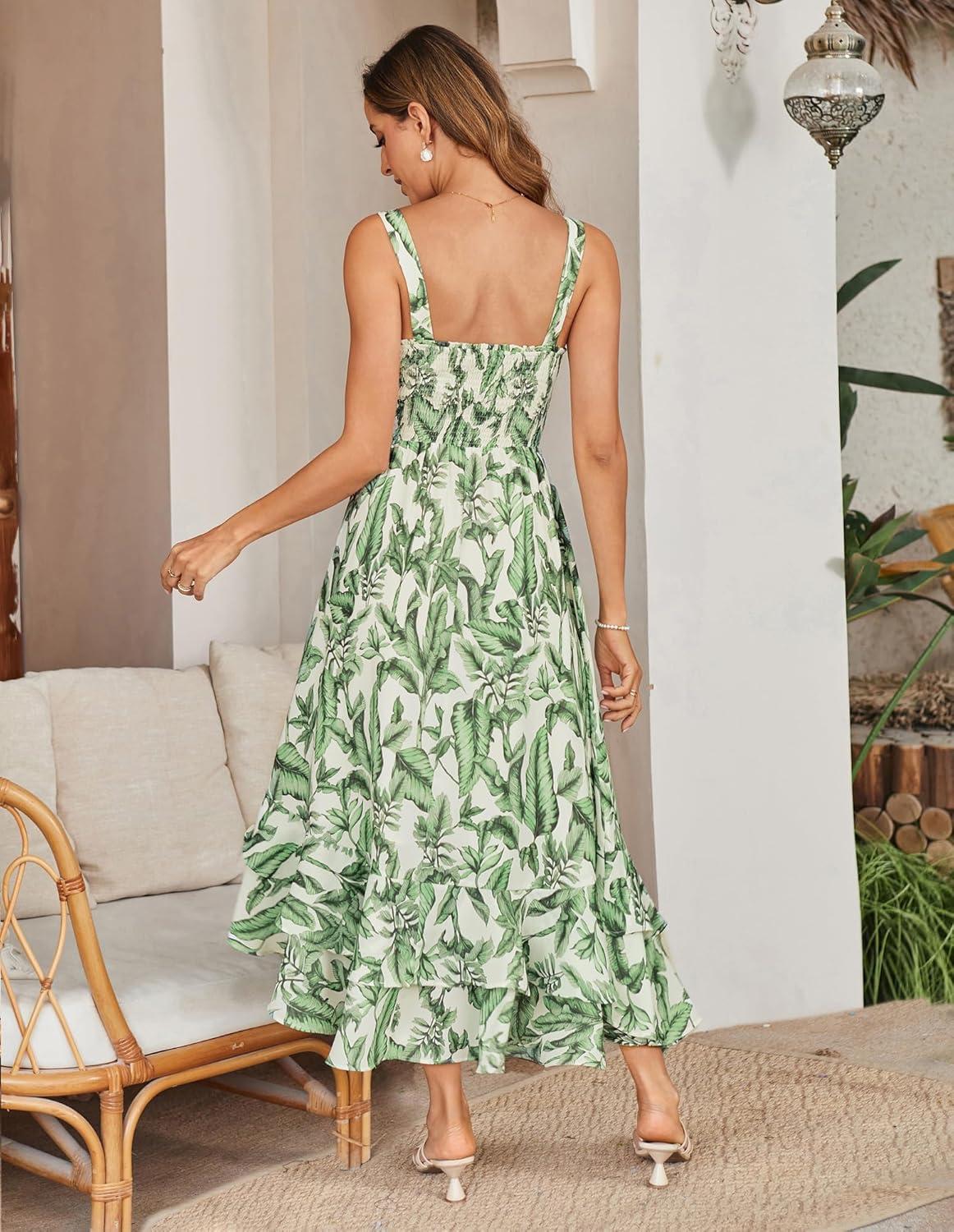 imageGRACE KARIN Womens 2025 Summer Floral Boho Dress Square Neck Strapped Swing A Line Sundress Beach Long Maxi OutfitsGreen Leaf