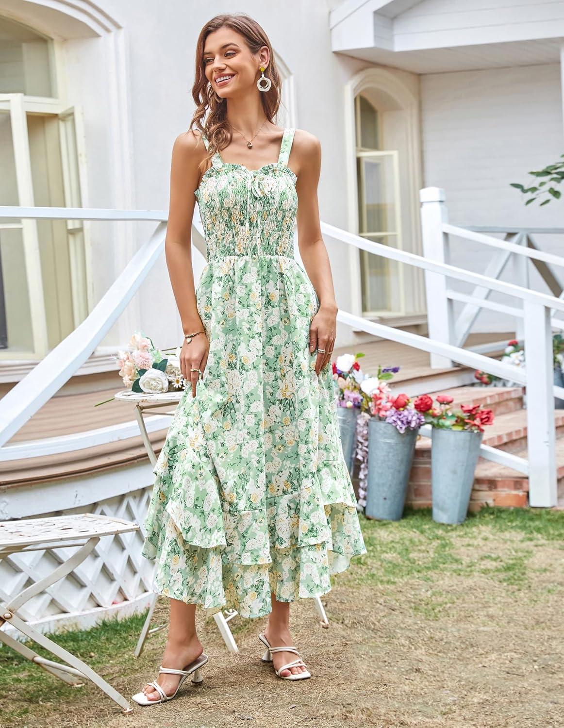 imageGRACE KARIN Womens 2025 Summer Floral Boho Dress Square Neck Strapped Swing A Line Sundress Beach Long Maxi OutfitsGreen White