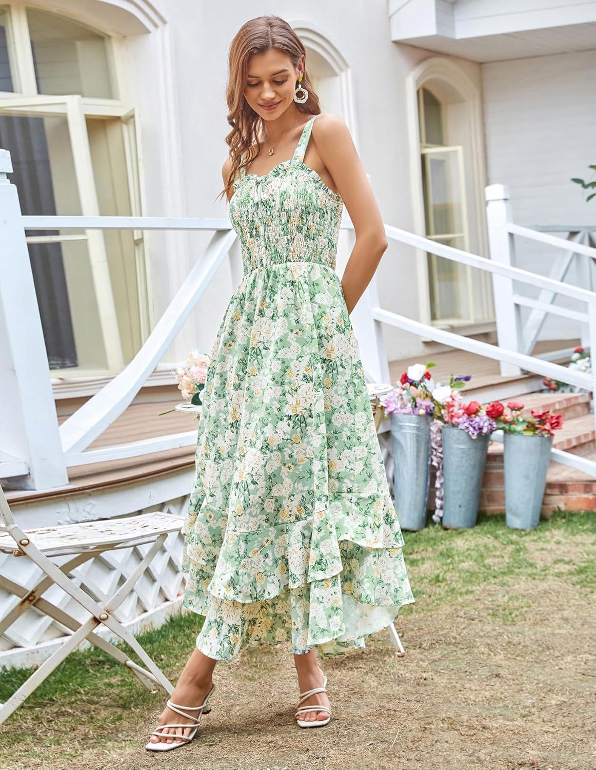 imageGRACE KARIN Womens 2025 Summer Floral Boho Dress Square Neck Strapped Swing A Line Sundress Beach Long Maxi OutfitsGreen White