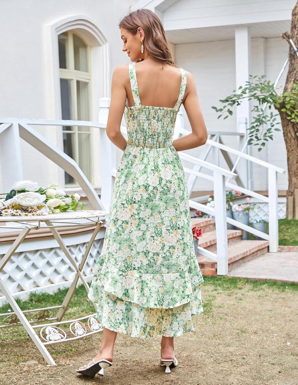 imageGRACE KARIN Womens 2025 Summer Floral Boho Dress Square Neck Strapped Swing A Line Sundress Beach Long Maxi OutfitsGreen White